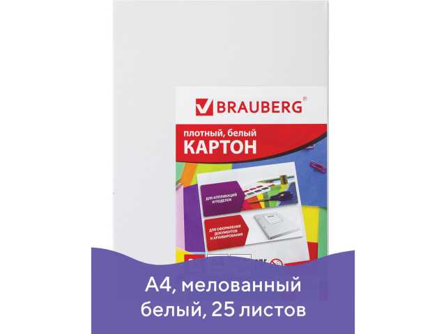 Картон белый А4 МЕЛОВАННЫЙ (глянцевый), 25 листов, BRAUBERG, 210х297 мм, 124021