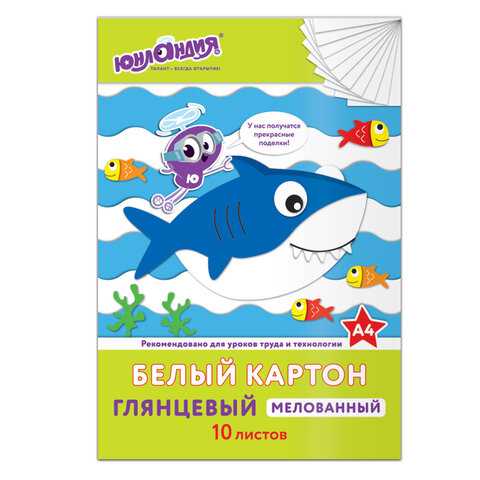 Картон белый А4 МЕЛОВАННЫЙ (глянцевый), 10 листов, в папке, ЮНЛАНДИЯ, 200х290 мм, 