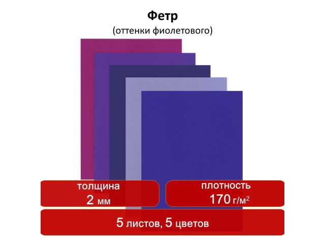 Цветной фетр для творчества, А4, ОСТРОВ СОКРОВИЩ, 5 листов, 5 цветов, толщина 2 мм, оттенки фиолетового, 660645