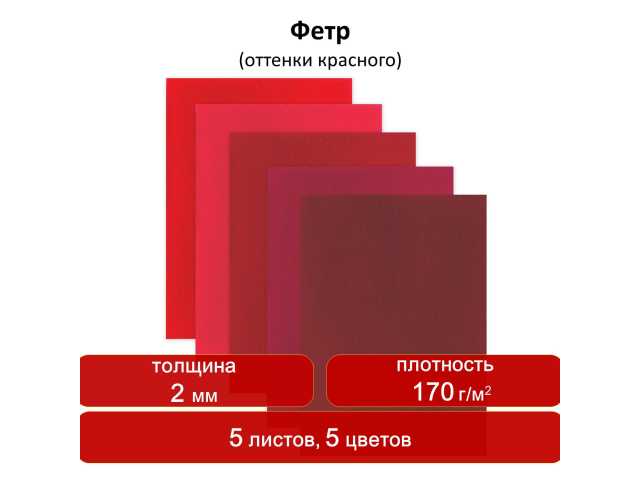 Цветной фетр для творчества, А4, ОСТРОВ СОКРОВИЩ, 5 листов, 5 цветов, толщина 2 мм, оттенки красного, 660642