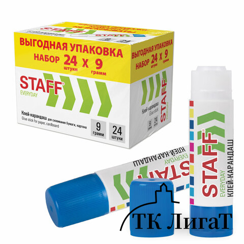 Клей-карандаш 9 г, ВЫГОДНАЯ УПАКОВКА, КОМПЛЕКТ 24 ШТУКИ, STAFF EVERYDAY, 273016