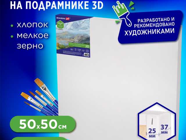 Холст 3D на подрамнике BRAUBERG ART CLASSIC 50х50см, 440г/м, грунт, 100% хлопок мелкое зерно, 191665