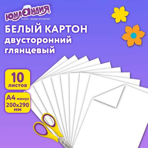 Картон белый А4 МЕЛОВАННЫЙ EXTRA (белый оборот), 10 листов папка, ЮНЛАНДИЯ, 200х290 мм, 