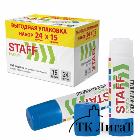 Клей-карандаш 15 г, ВЫГОДНАЯ УПАКОВКА, КОМПЛЕКТ 24 ШТУКИ, STAFF EVERYDAY, 273017