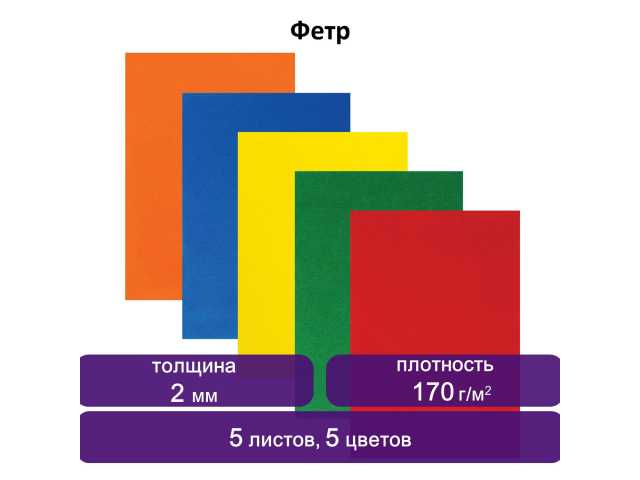 Цветной фетр для творчества А4 ЮНЛАНДИЯ 5 ЯРКИХ ЦВЕТОВ, толщина 2 мм, с европодвесом, 662049